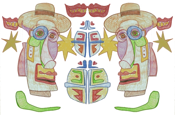 Join the Art pARTy¡ Fun mix-up of imagery here with the off-kilter scanning of this colored-pencil and ink drawing, featuring one of the Art pARTy¡ Heads that I make, inspired by the Moai of Easter Island.